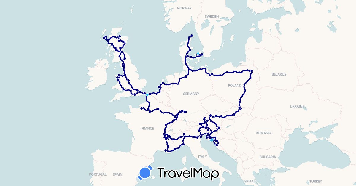 TravelMap itinerary: driving, boat in Austria, Germany, Denmark, France, United Kingdom, Croatia, Italy, Netherlands, Poland, Slovenia, Slovakia (Europe)